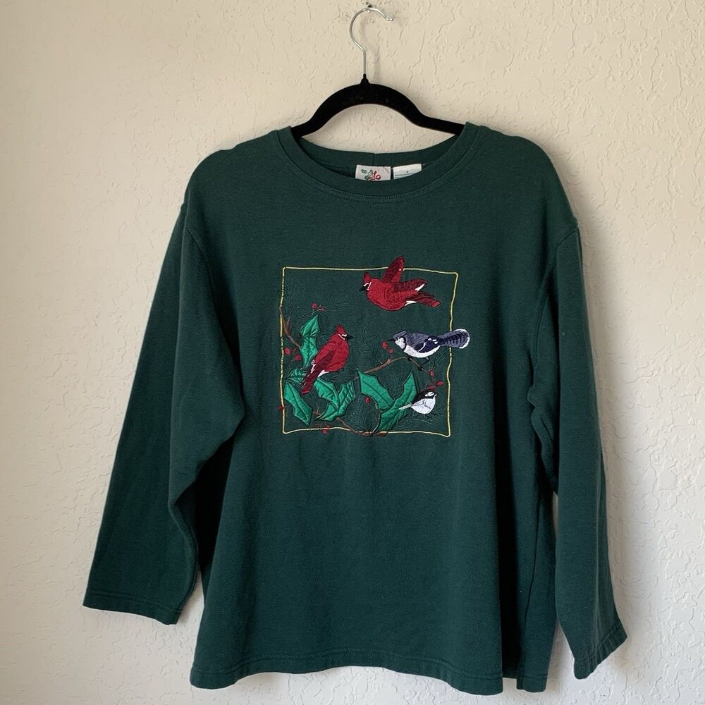 VTG Nature Birds Sweatshirt  XL* Forest Green‎ Embroidered Cardinals Christmas
